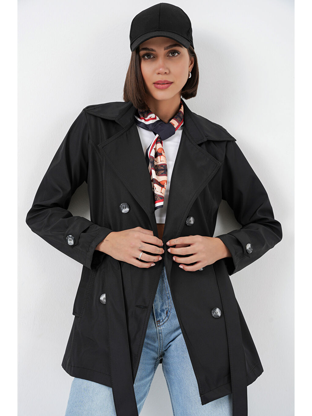 Kadın Kuşaklı Kısa Trençkot 5982 - Siyah-3
