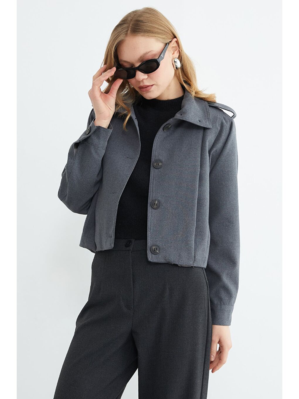 Antrasit Düğmeli Gömlek Yaka Pileli Trençkot