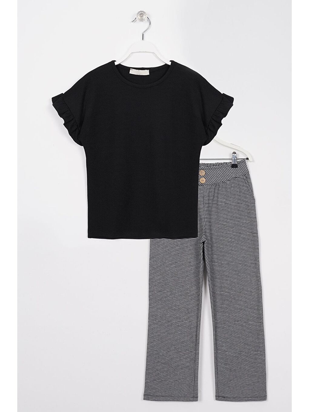 Bisiklet Yaka Kısa Kol Pötikare Detaylı Siyah Renk Kız Çocuk Pantolon Takım