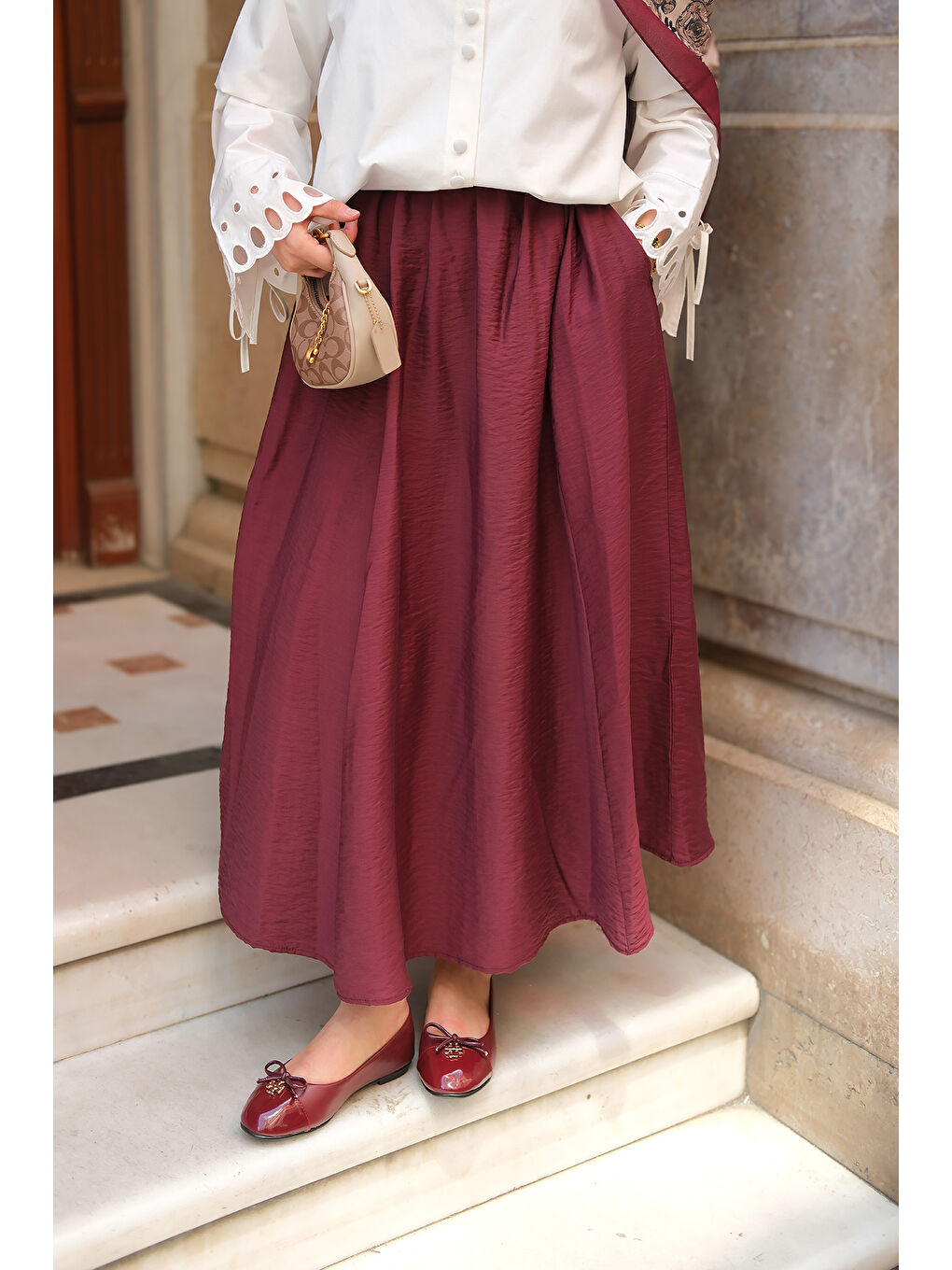 Kadın Krışık Kloş Etek Bordo-2