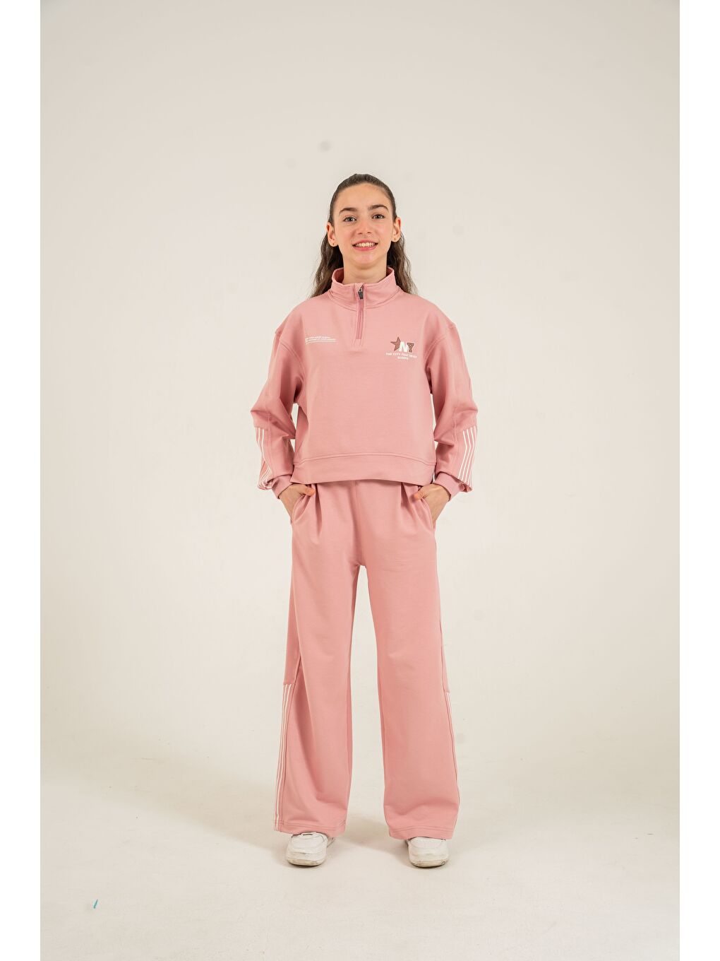 Pembe The City  That Never Sleeps Baskılı Üst Ön Boydan Fermuarlı Kız Çocuk Alt Üst Eşofman Takımı