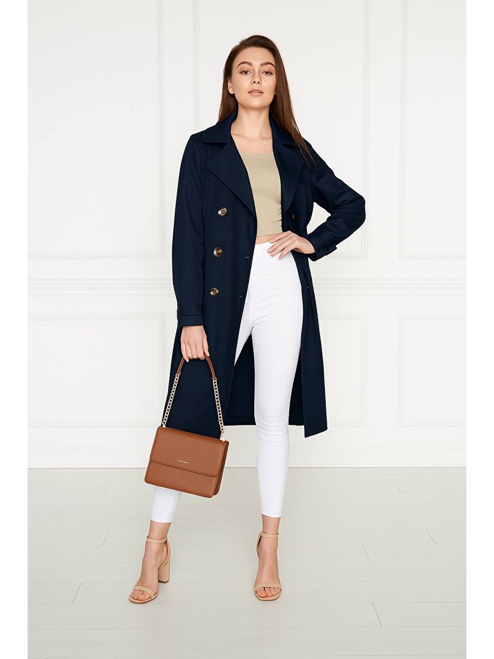 Lacivert Astarsız Cepli Düğmeli Kuşaklı Yazlık Trenç-2