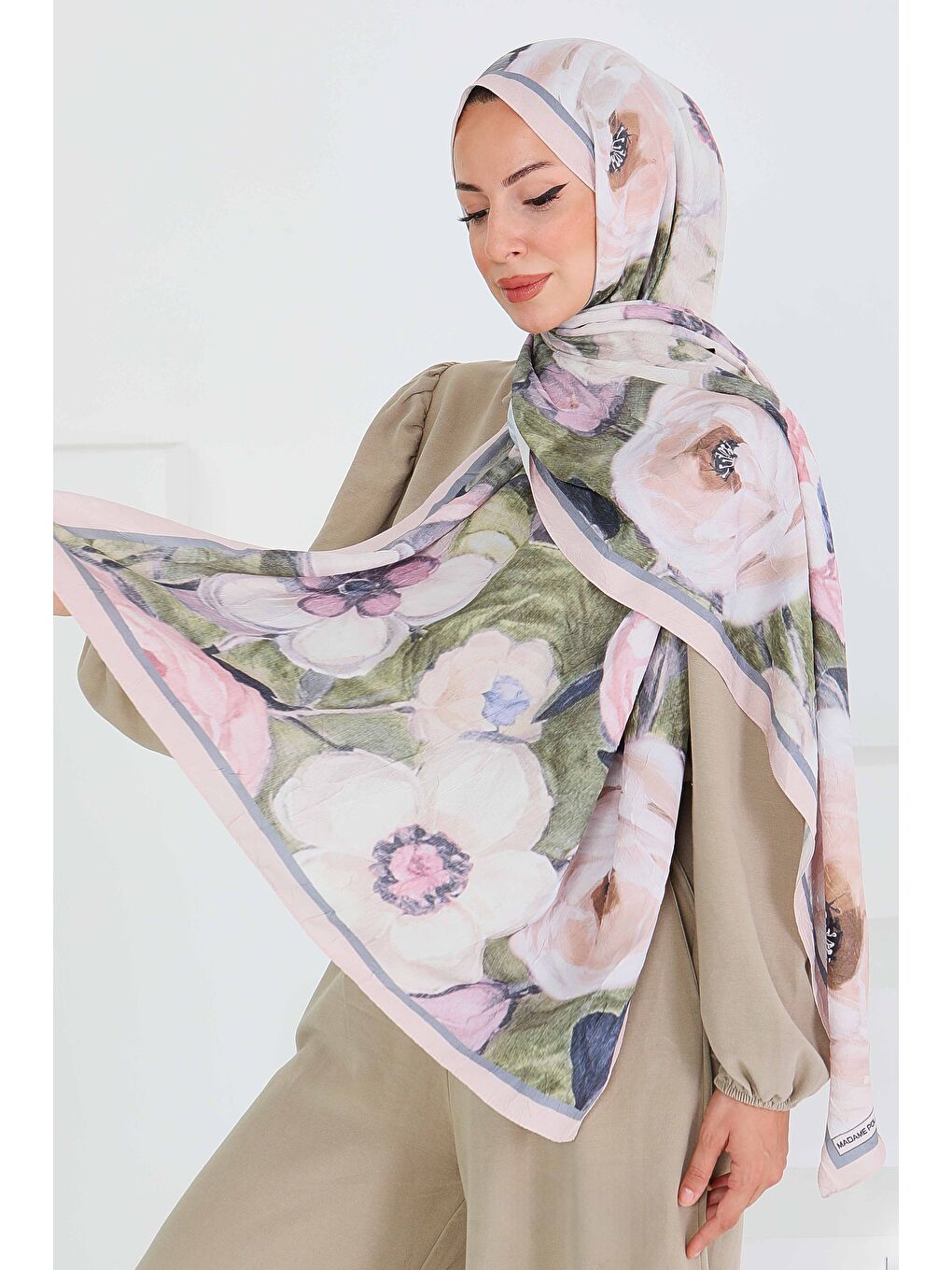 Desenli Bambu Kare Şal Bej - 27523