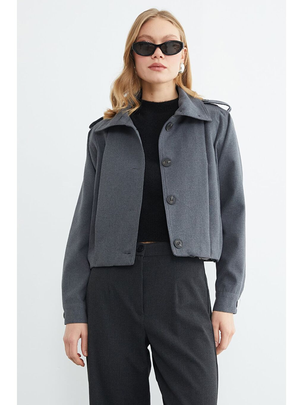 Antrasit Düğmeli Gömlek Yaka Pileli Trençkot-1