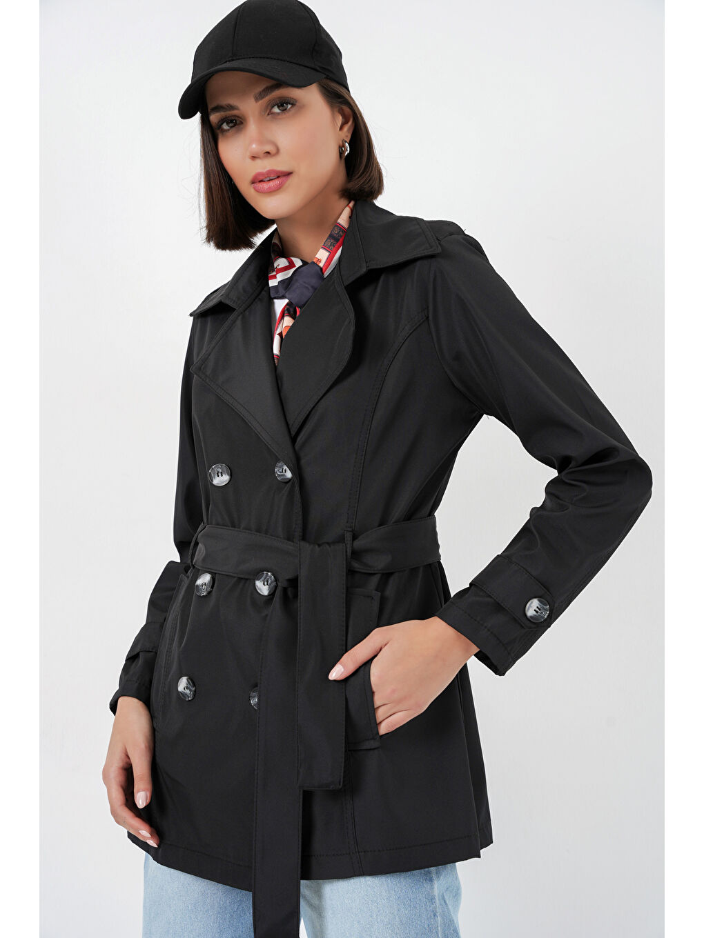 Kadın Kuşaklı Kısa Trençkot 5982 - Siyah-4