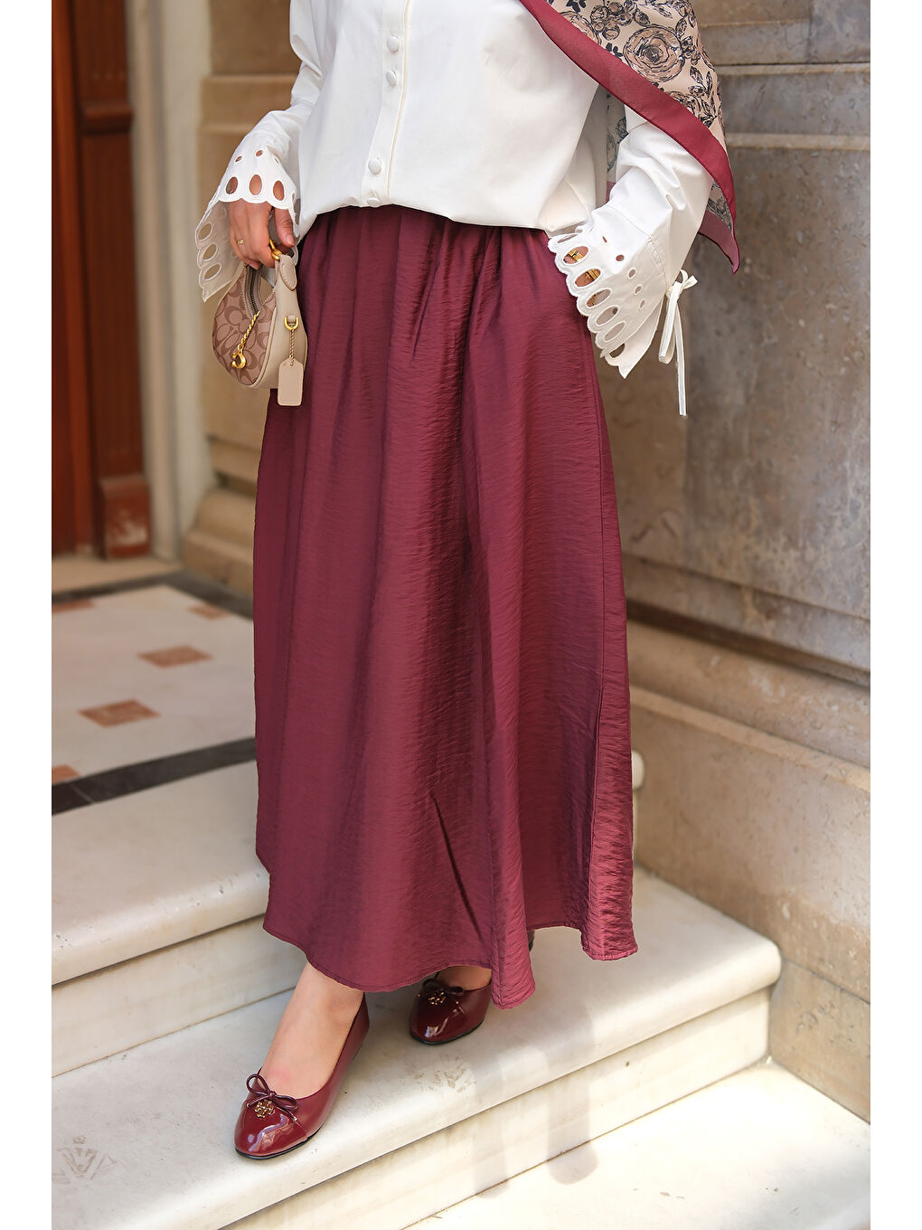 Kadın Krışık Kloş Etek Bordo-3