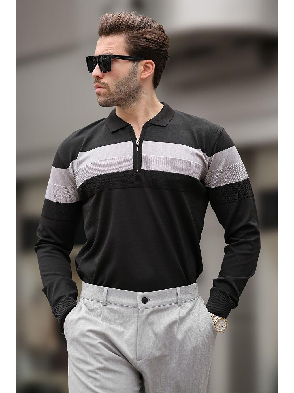 Siyah Fermuarlı Polo Yaka Çizgili Uzun Kollu Kazak E7288-3