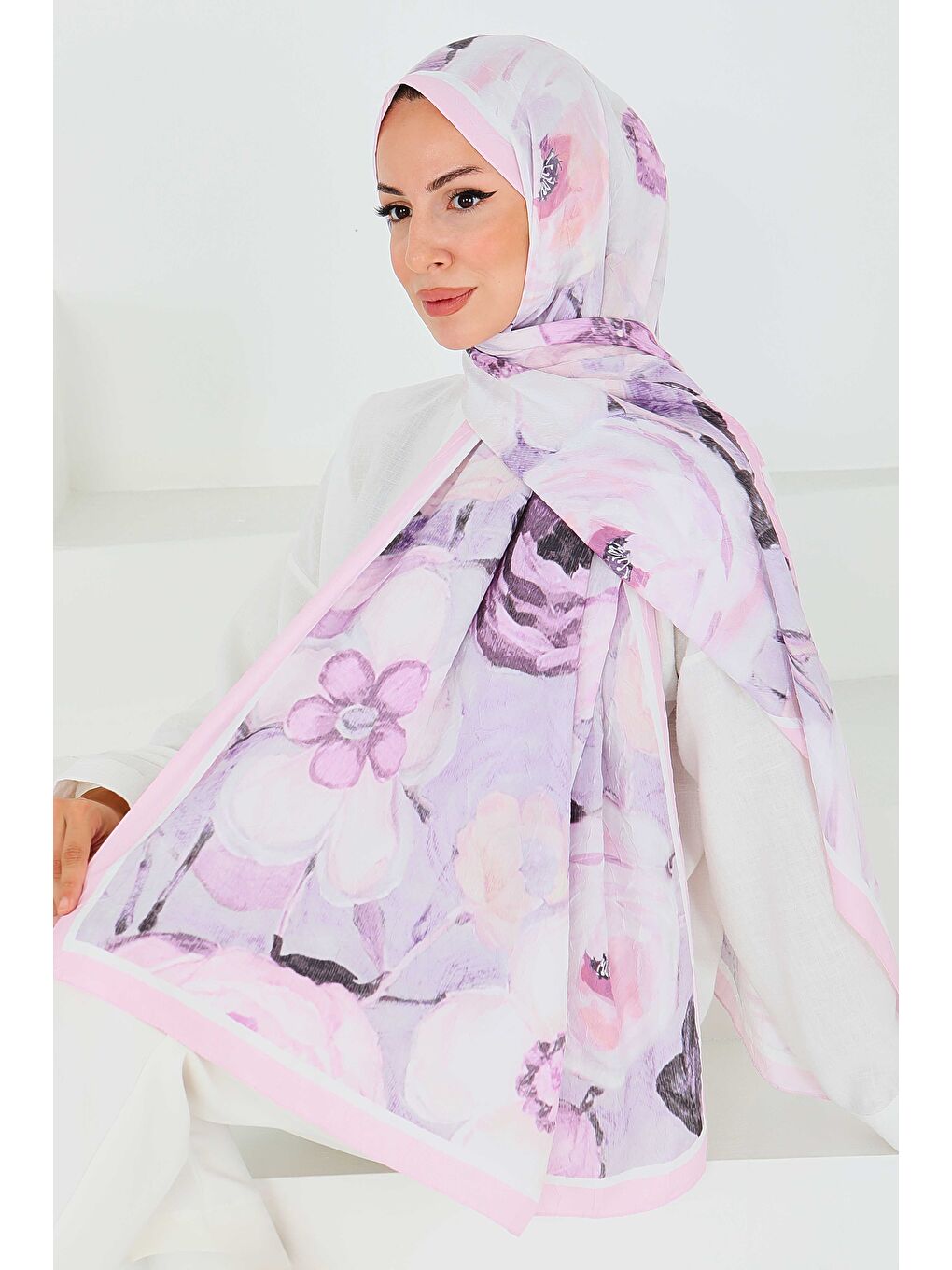 Pembe Desenli Bambu Kare Şal Pudra - 27523-1