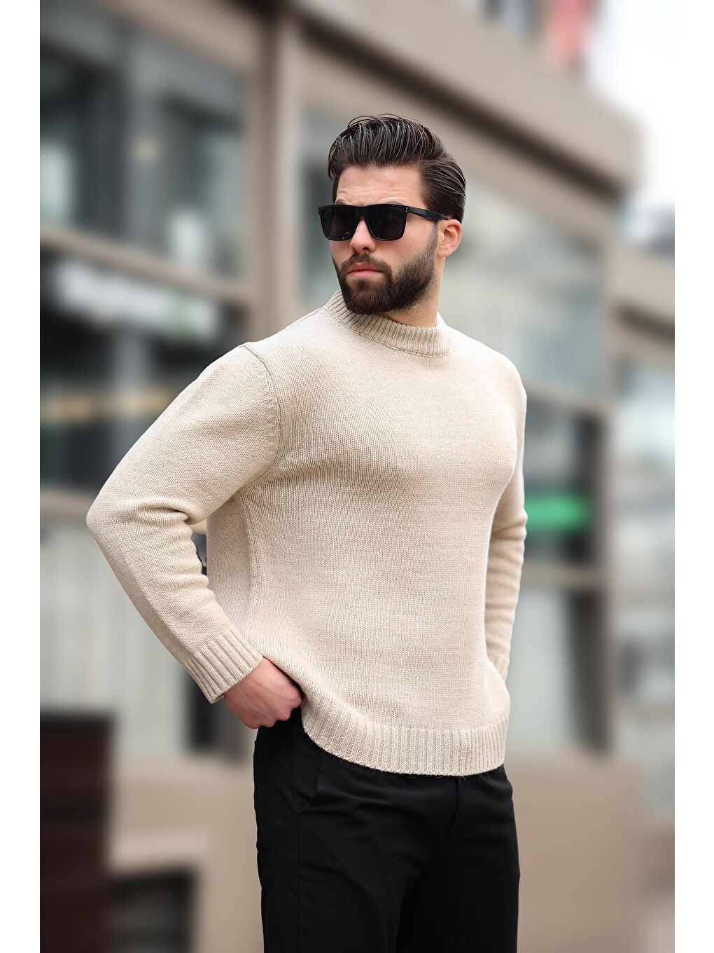 Bej Bisiklet Yaka Overfit Erkek Triko Kazak E7402-4