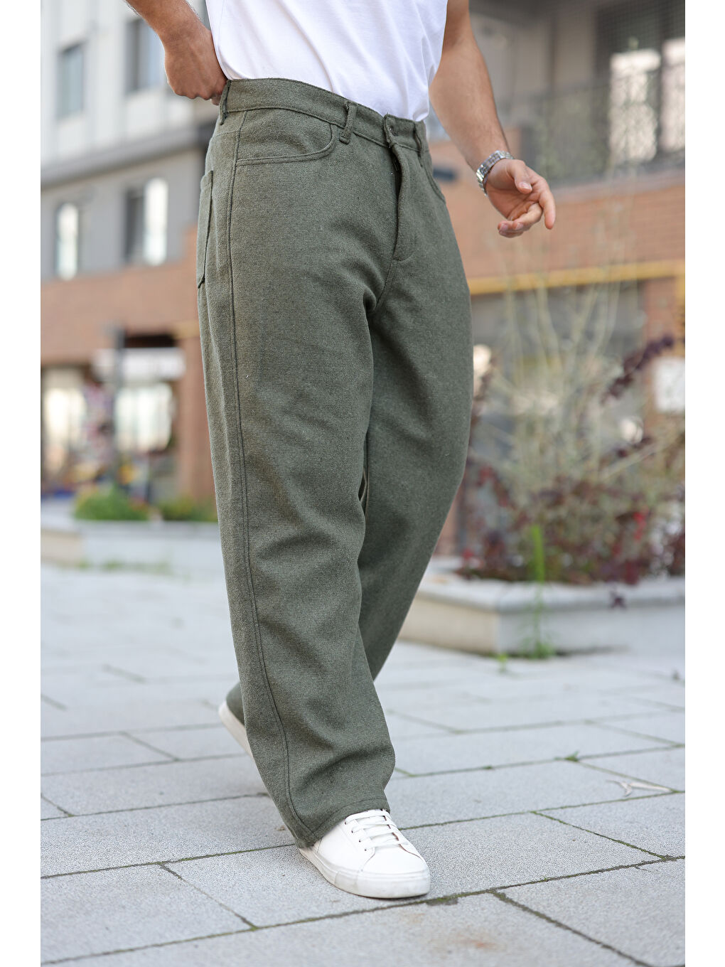 Erkek Yüksek Bel Bol Paça Günlük Haki Baggy Pantolon-1