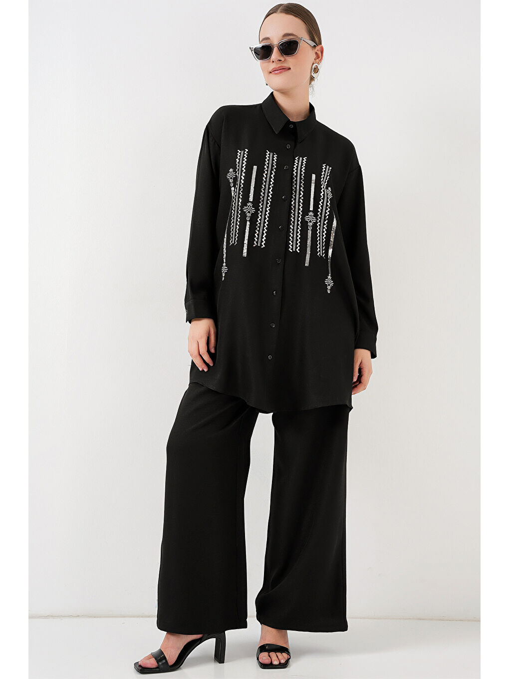 Desenli Tunik Pantolon İkili Takım 6720 - Siyah