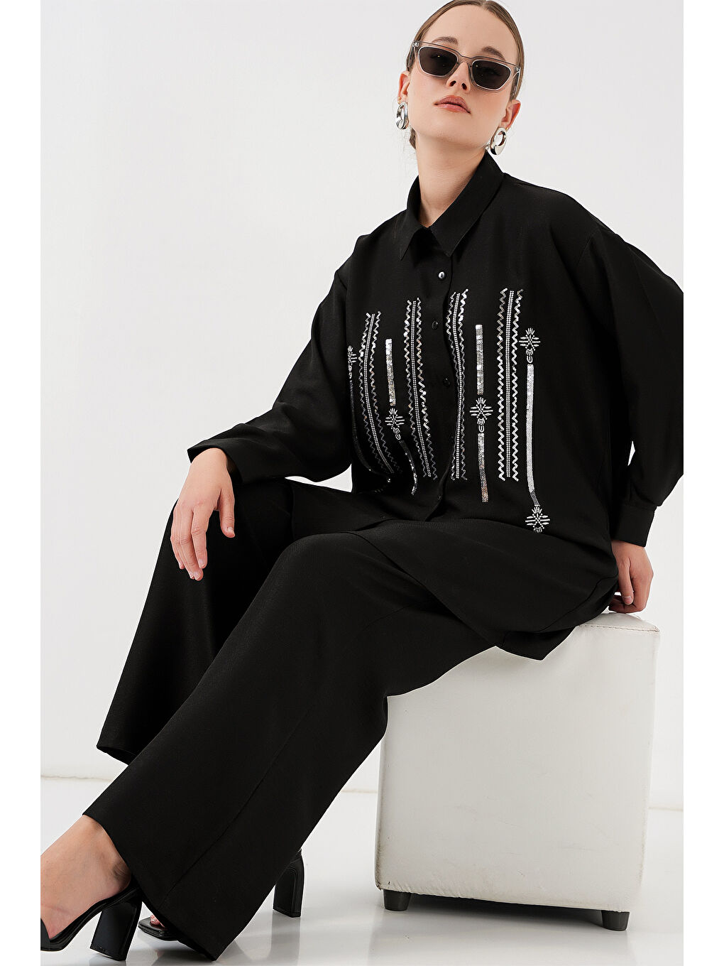 Desenli Tunik Pantolon İkili Takım 6720 - Siyah-1