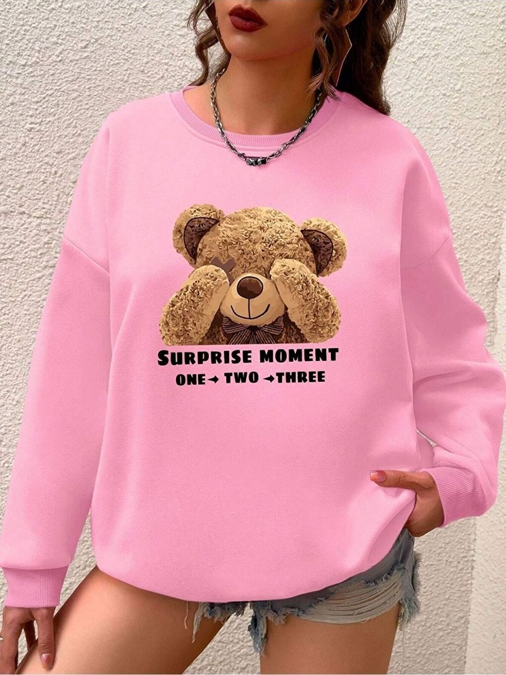 Kadın Pembe Surprise Moment Baskılı Oversize Bisiklet Yaka Sweatshirt