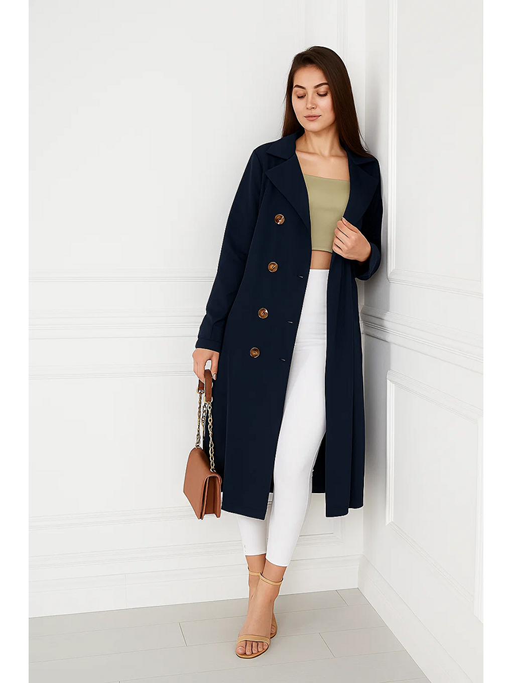 Lacivert Astarsız Cepli Düğmeli Kuşaklı Yazlık Trenç-3