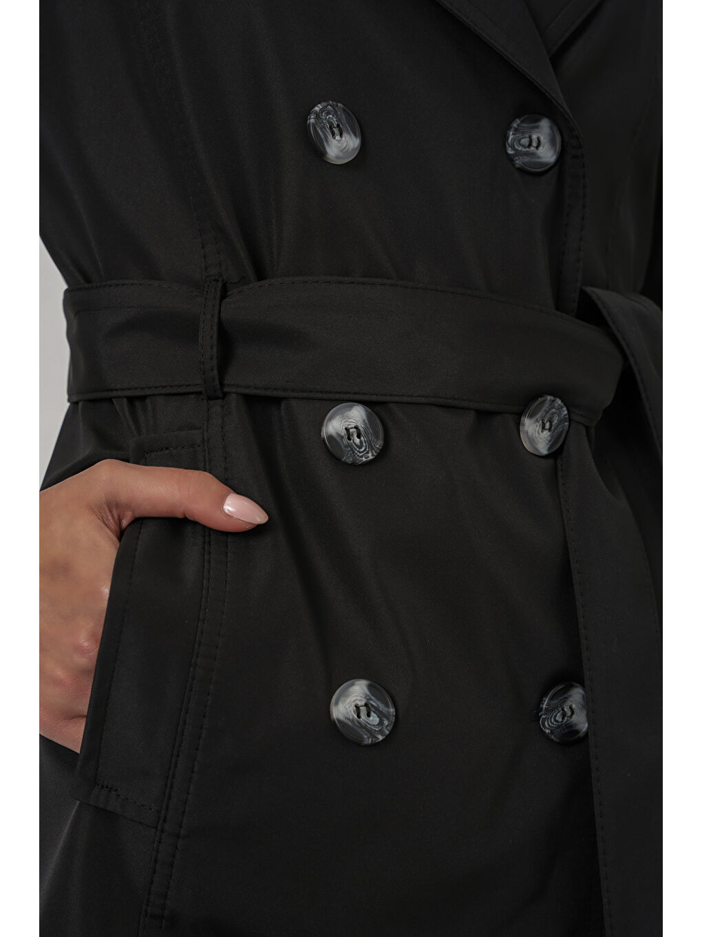 Kadın Kuşaklı Kısa Trençkot 5982 - Siyah-5
