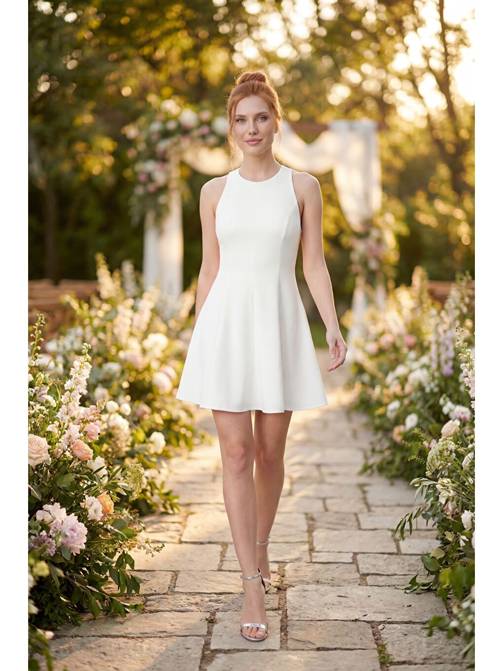 Kadın Ekru Halter Yaka Mini Mezuniyet Abiye Elbise-4