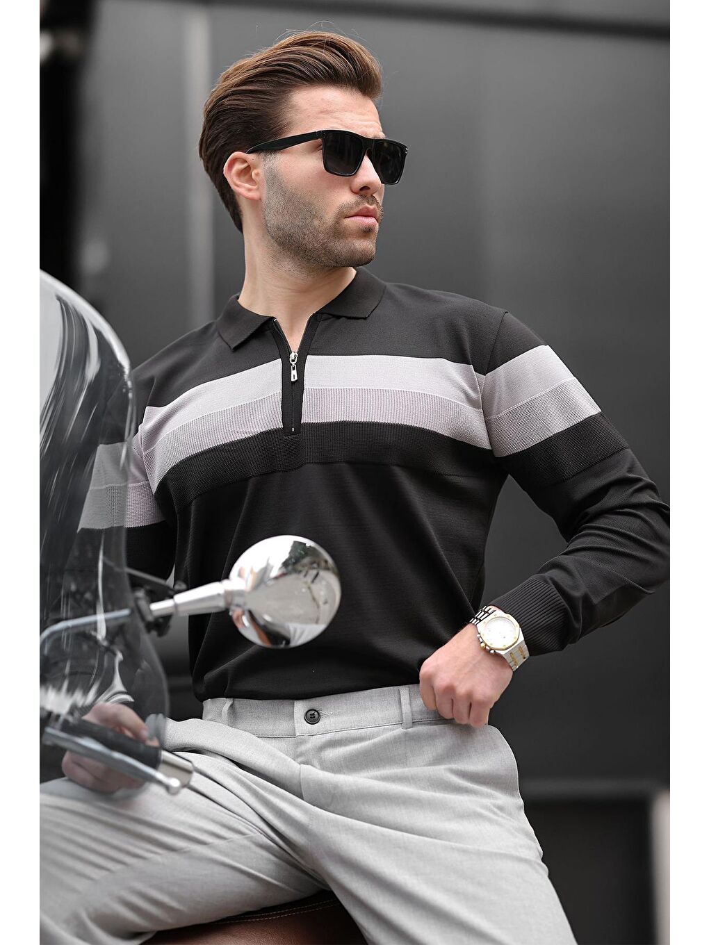 Siyah Fermuarlı Polo Yaka Çizgili Uzun Kollu Kazak E7288-4