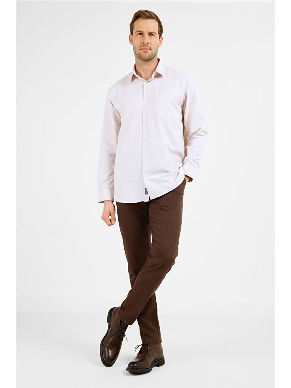 Koyu Bej Sert Yaka Uzun Kol Cepli Comfort Fit Pamuklu Gömlek 1004255285-1