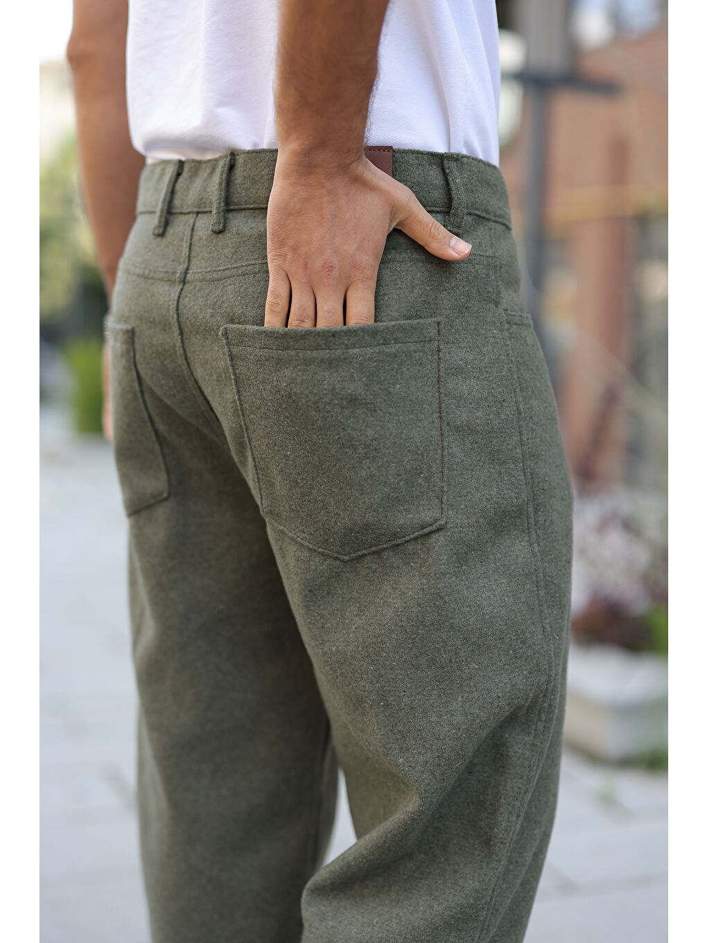 Erkek Yüksek Bel Bol Paça Günlük Haki Baggy Pantolon-2