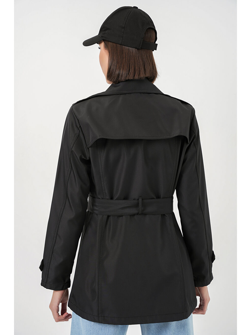 Kadın Kuşaklı Kısa Trençkot 5982 - Siyah-6