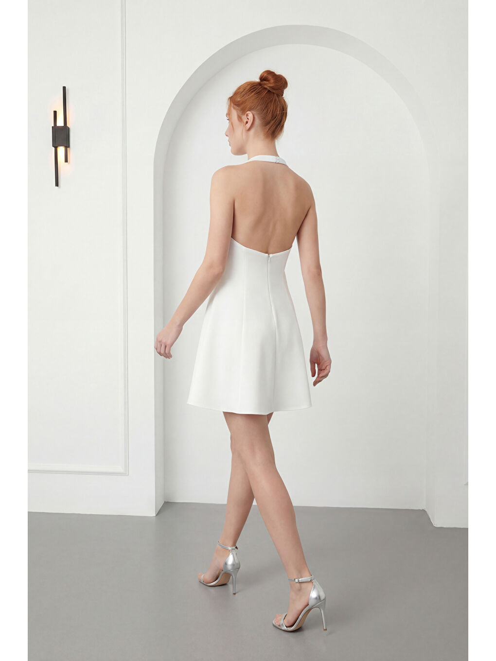 Kadın Ekru Halter Yaka Mini Mezuniyet Abiye Elbise-5