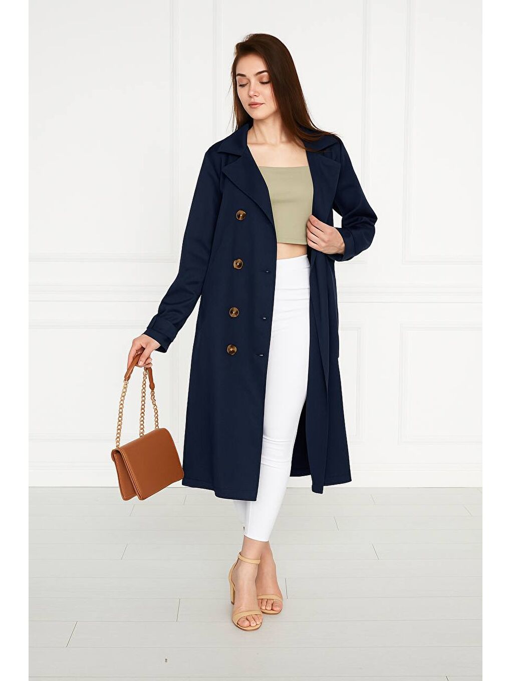 Lacivert Astarsız Cepli Düğmeli Kuşaklı Yazlık Trenç-4