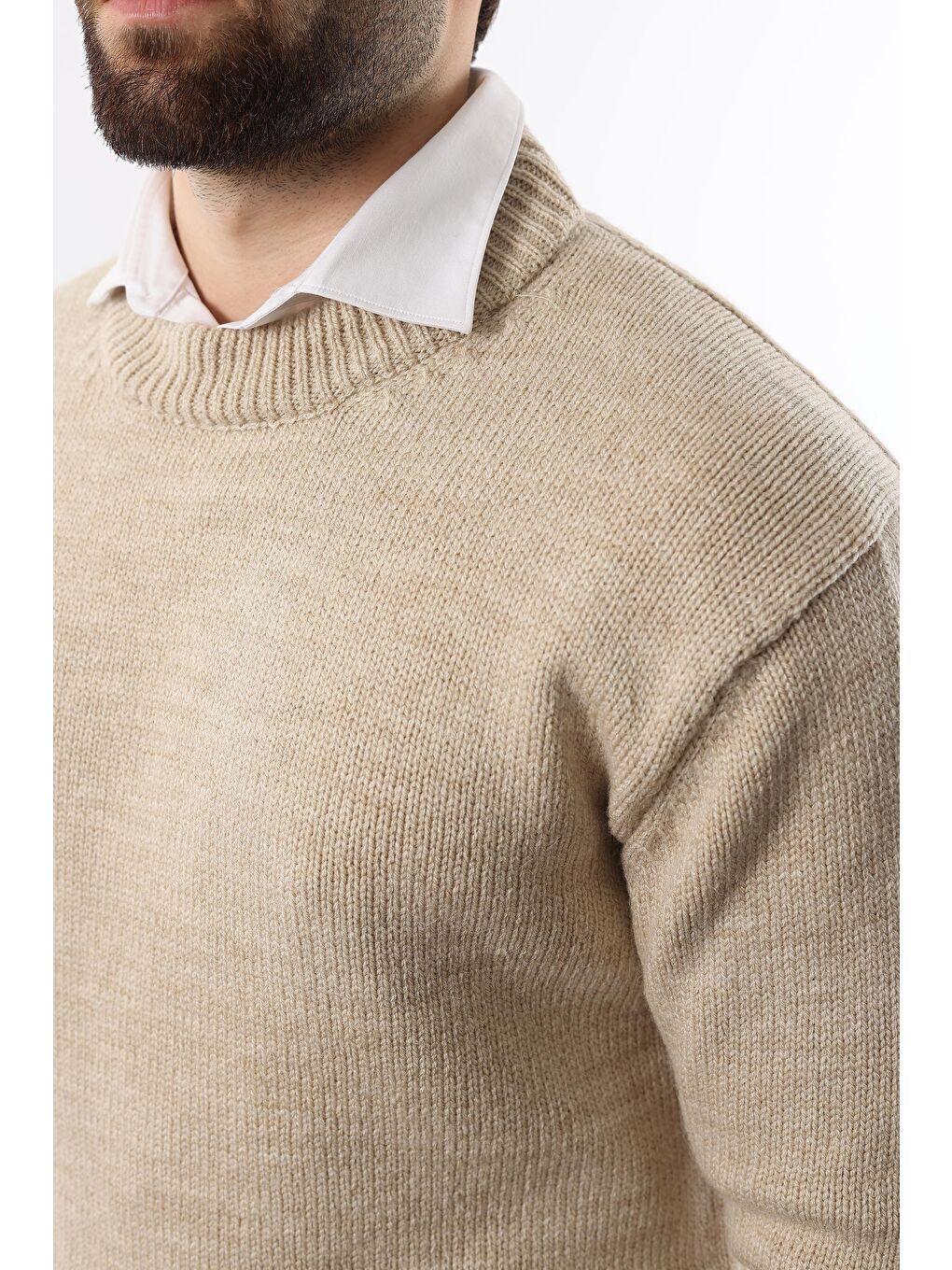 Bej Bisiklet Yaka Overfit Erkek Triko Kazak E7402-5