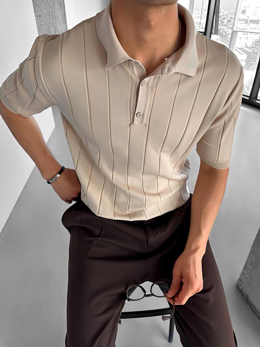 Erkek Slim Fit Polo Yaka Esneki Triko Tişört Bej