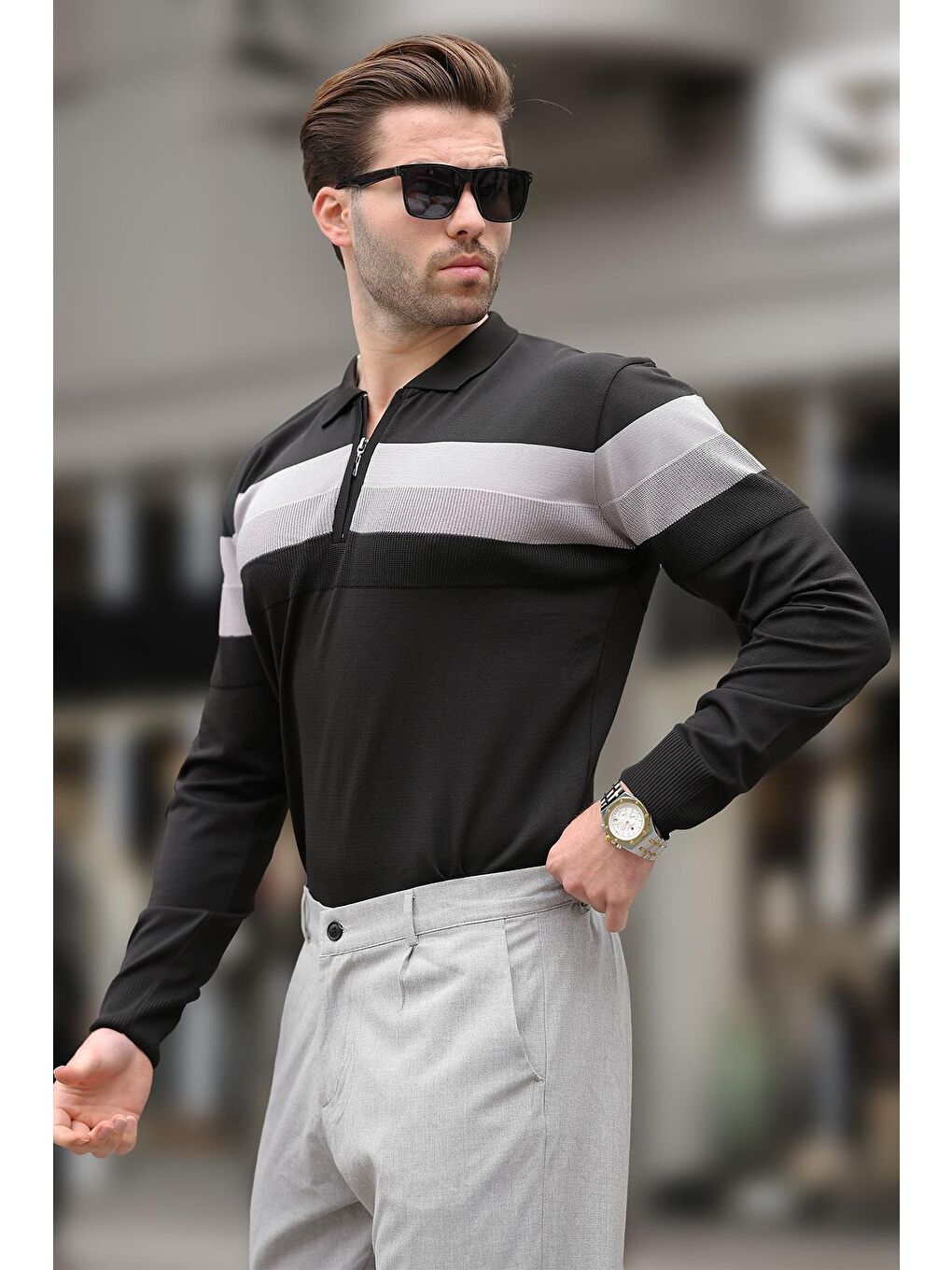 Siyah Fermuarlı Polo Yaka Çizgili Uzun Kollu Kazak E7288-5