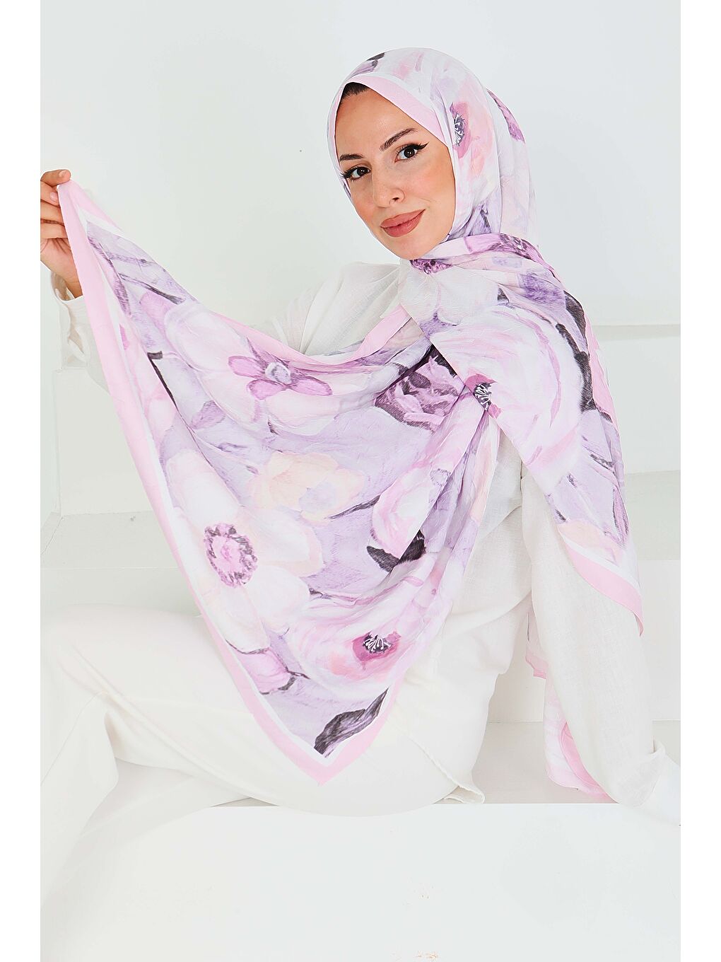 Pembe Desenli Bambu Kare Şal Pudra - 27523-2