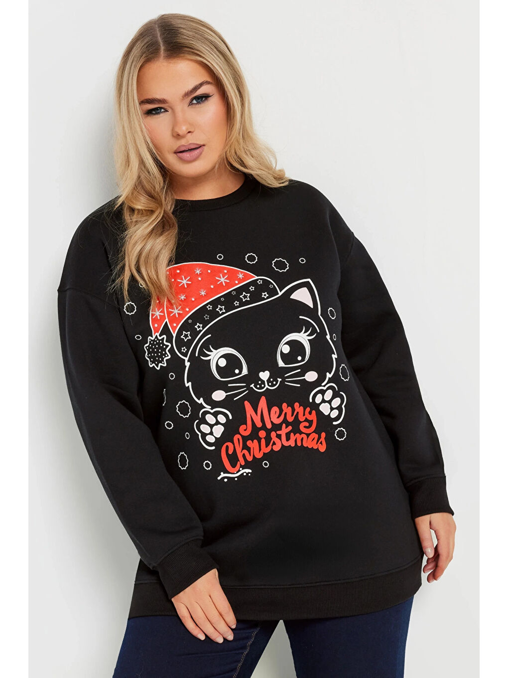 Siyah Büyük Beden Yılbaşı Temalı Bisiklet Yaka Uzun Kollu Sweatshirt 303821