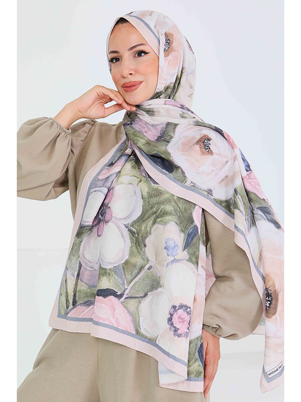 Desenli Bambu Kare Şal Bej - 27523-1