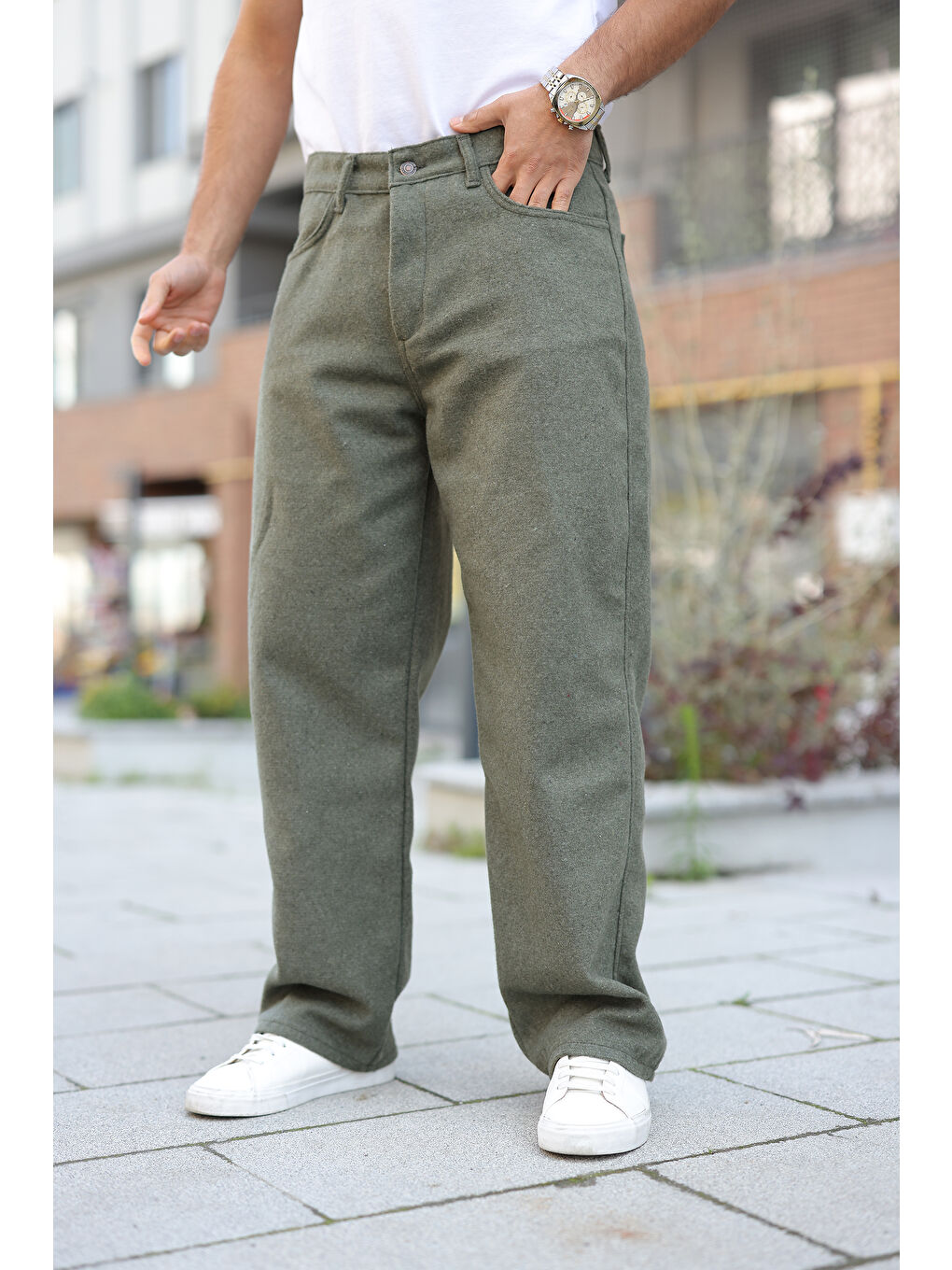 Erkek Yüksek Bel Bol Paça Günlük Haki Baggy Pantolon-3