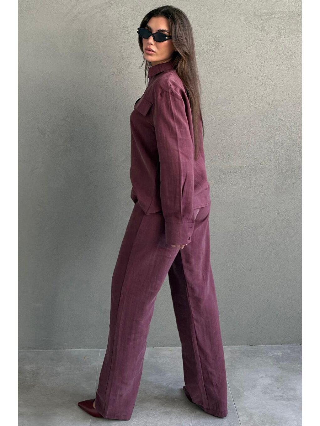 Bordo Kumaş Düğmeli Kadın Gömlek Takım Mg2621-6