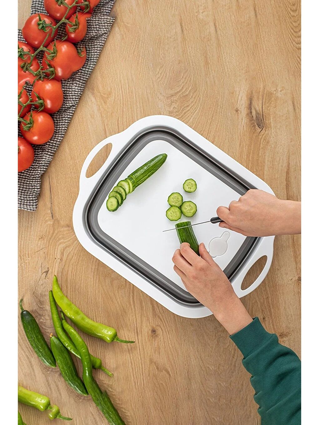 Gri Katlanabilir Kesme Doğrama Tahtası Süzgeçli Badya Akordiyon Kesim Panosu-1