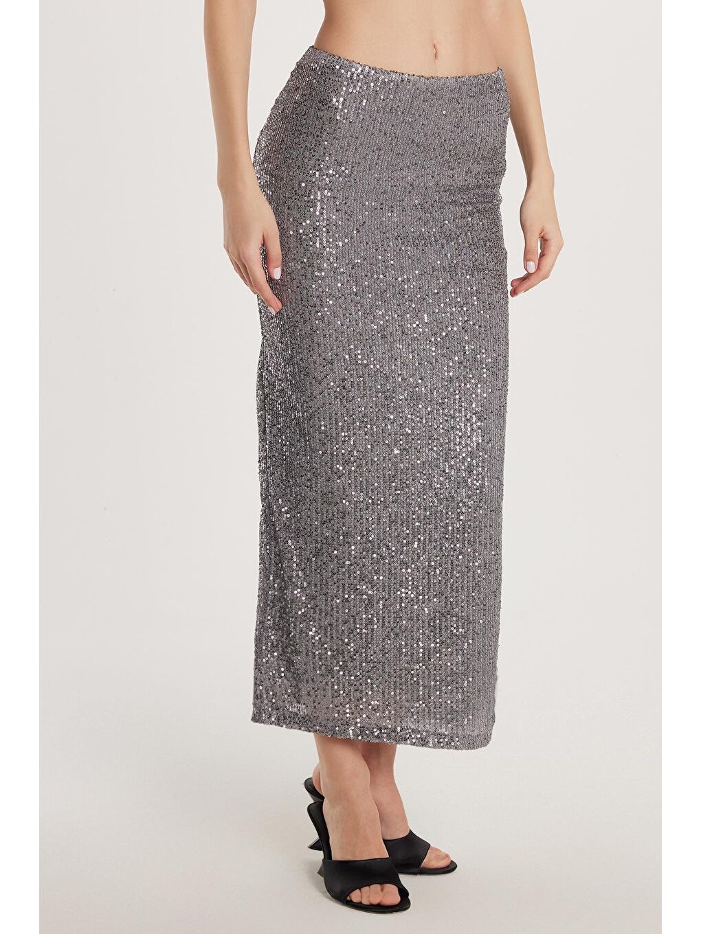 Kadın Slim Fit Simli Uzun Düz Gri Etek