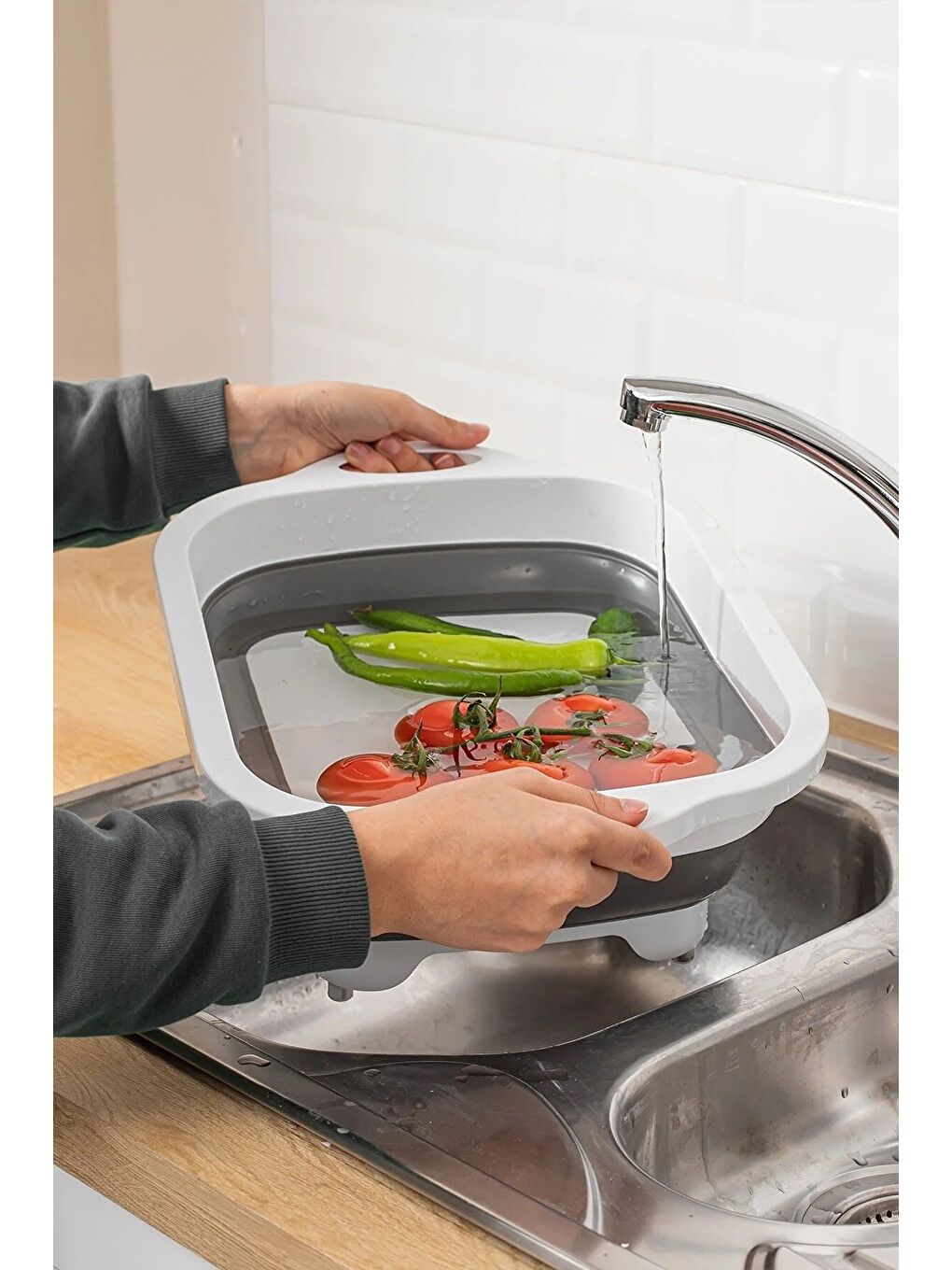 Gri Katlanabilir Kesme Doğrama Tahtası Süzgeçli Badya Akordiyon Kesim Panosu-3