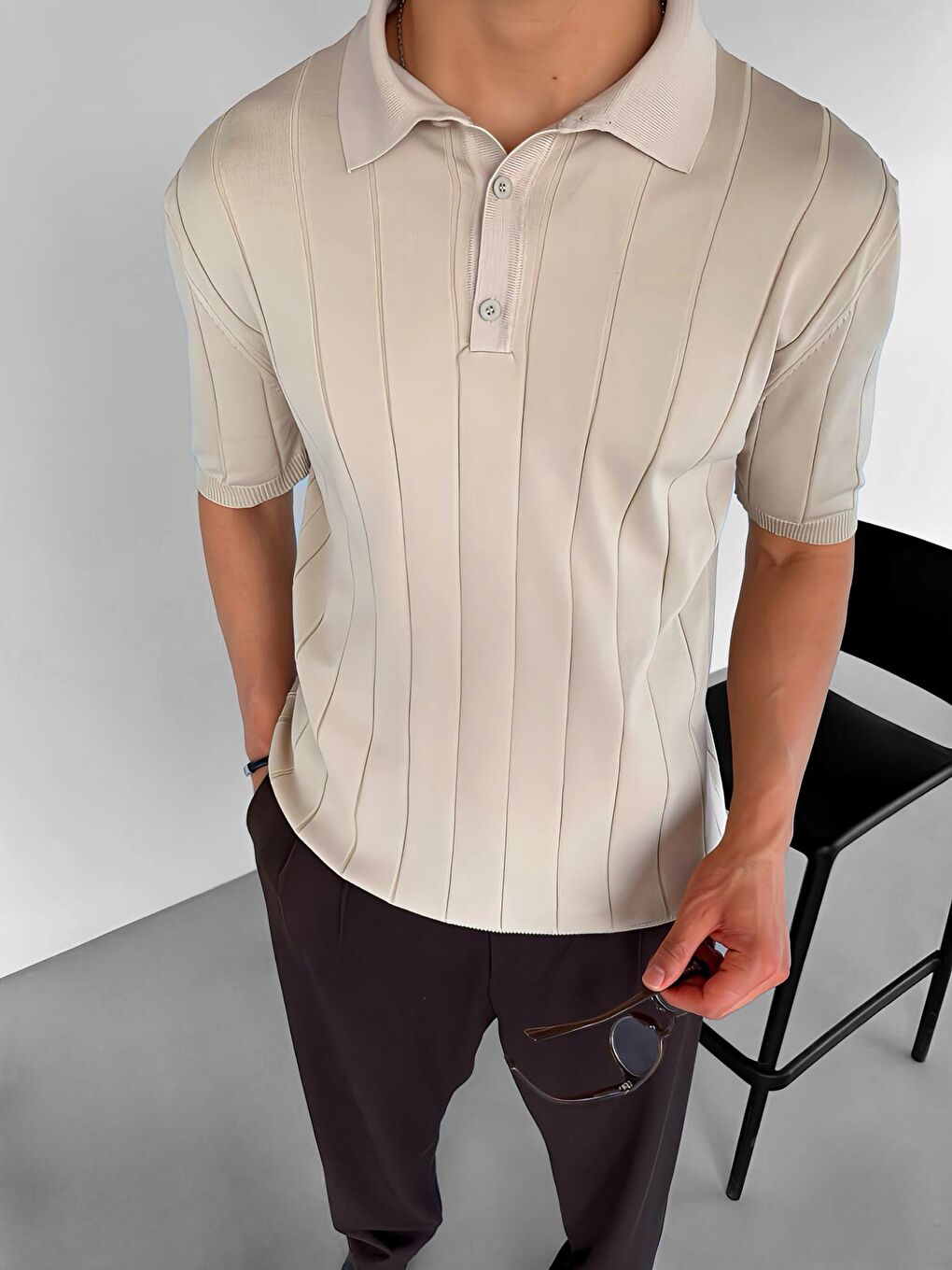 Erkek Slim Fit Polo Yaka Esneki Triko Tişört Bej-1