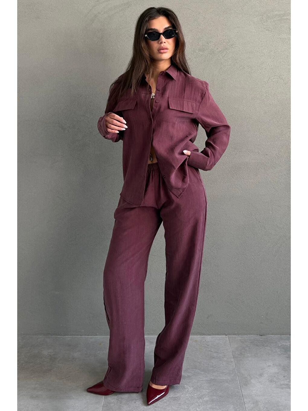 Bordo Kumaş Düğmeli Kadın Gömlek Takım Mg2621-7