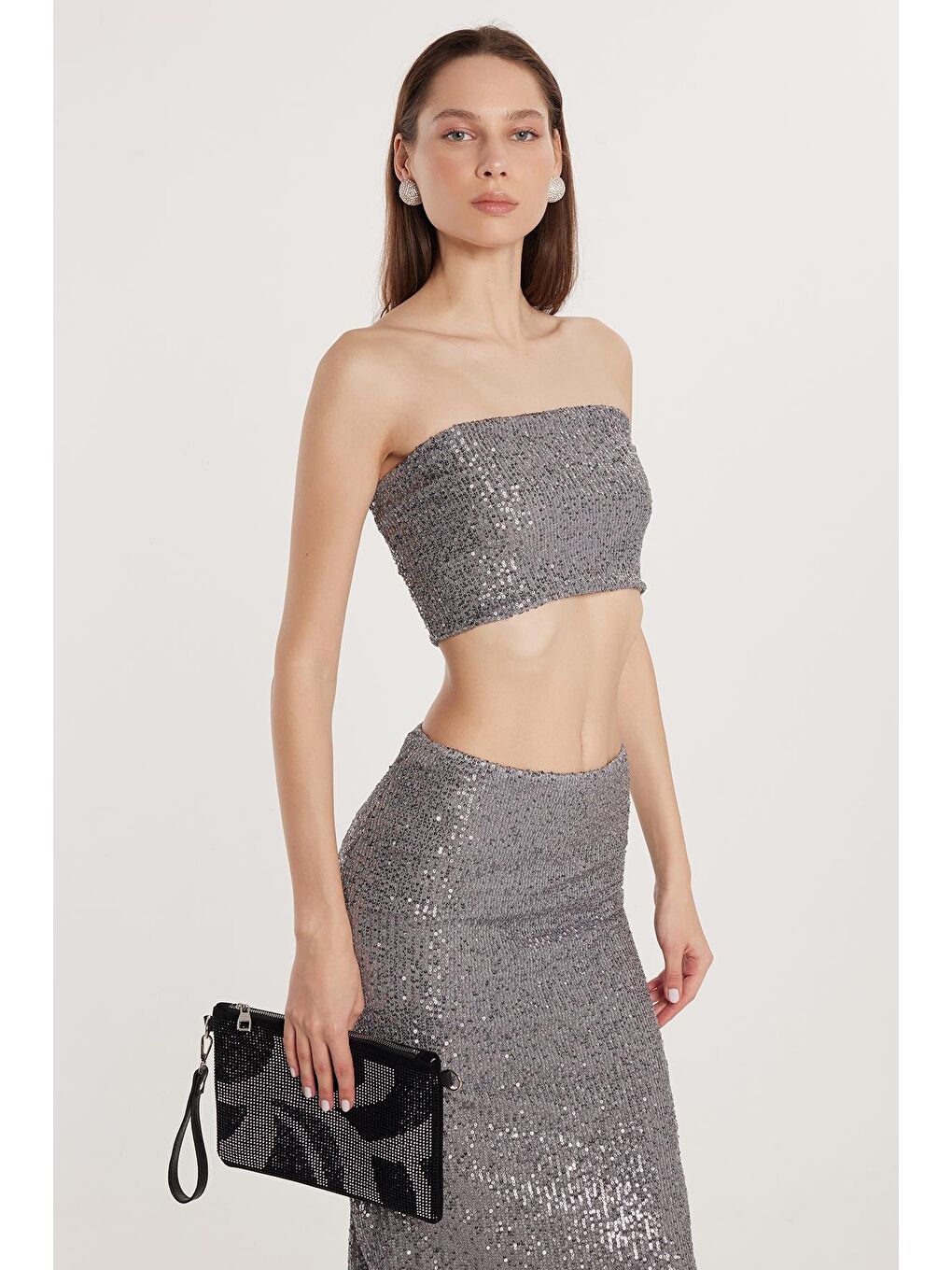 Kadın Slim Fit Simli Uzun Düz Gri Etek-1