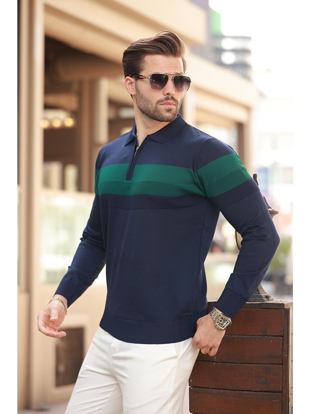 Lacivert Fermuarlı Polo Yaka Çizgili Uzun Kollu Kazak E7288-1