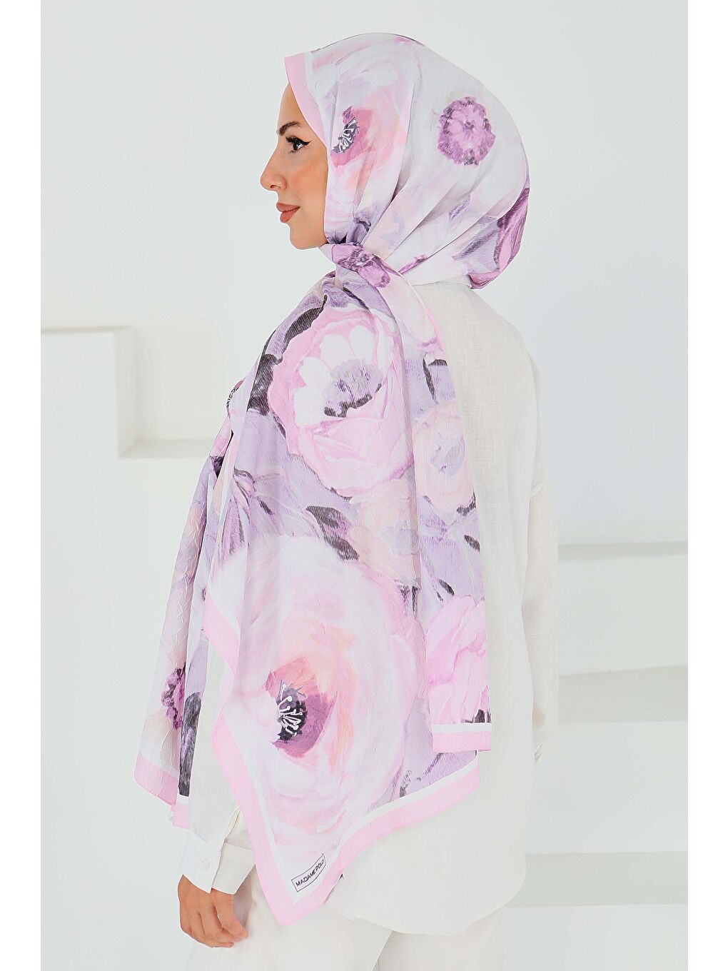 Pembe Desenli Bambu Kare Şal Pudra - 27523-3