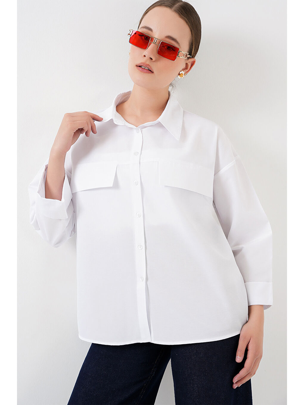 Kadın Cep Detaylı Oversize Gömlek 20313 - Beyaz
