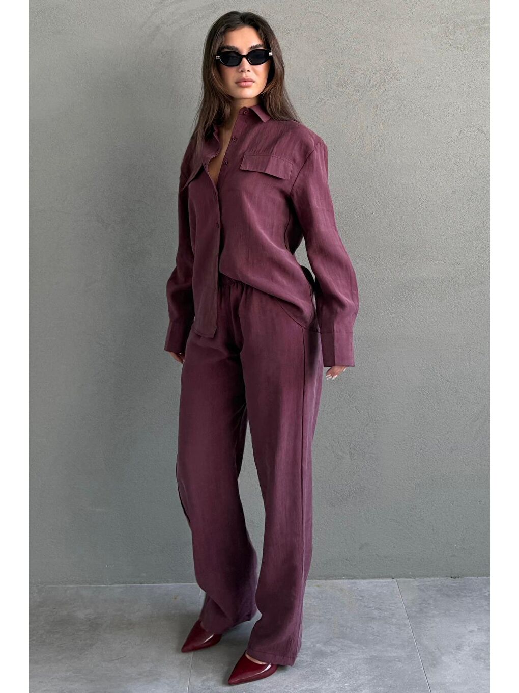 Bordo Kumaş Düğmeli Kadın Gömlek Takım Mg2621-8