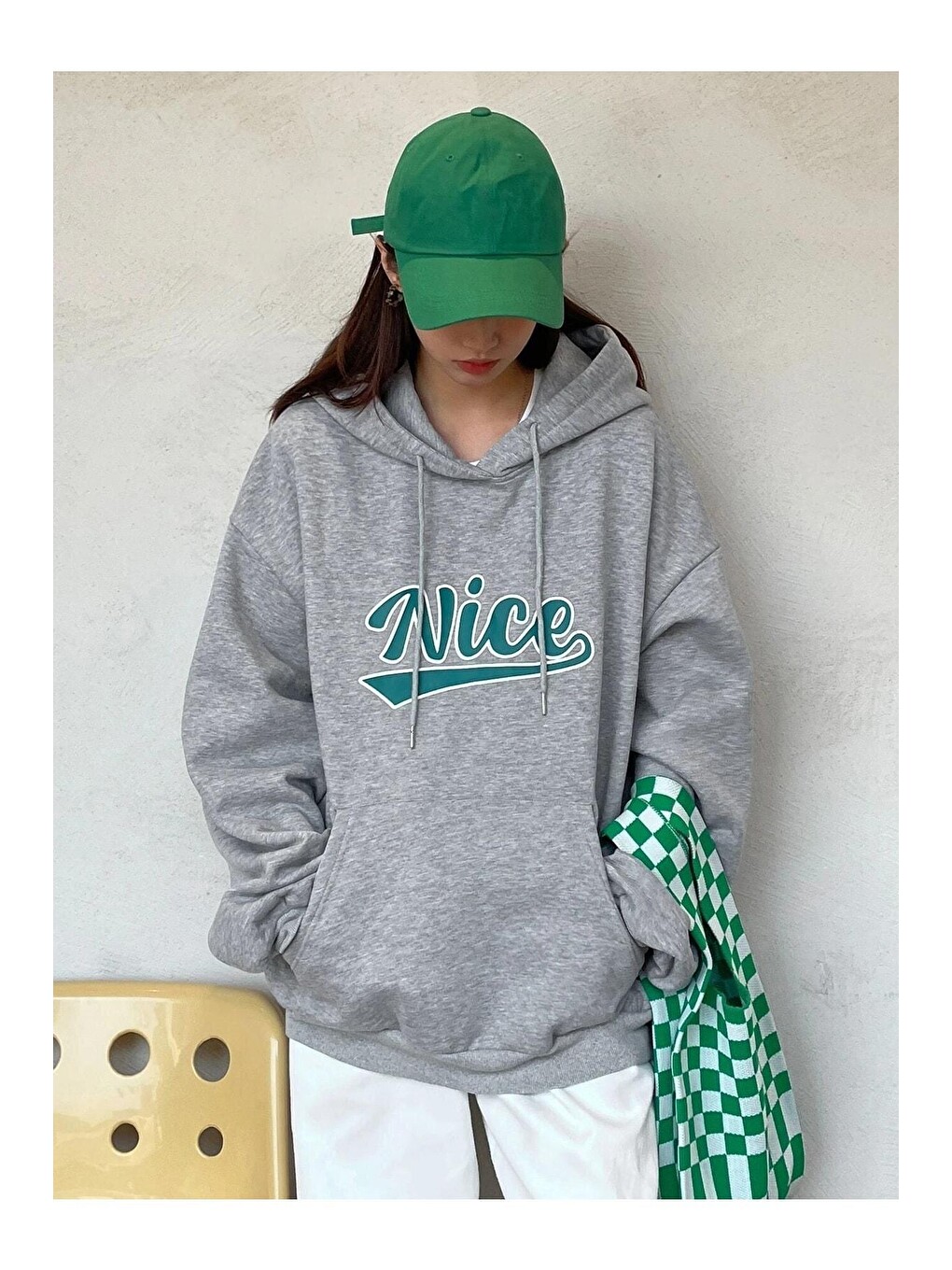Kadın Gri Oversize Nice Baskılı Sweatshirt-3