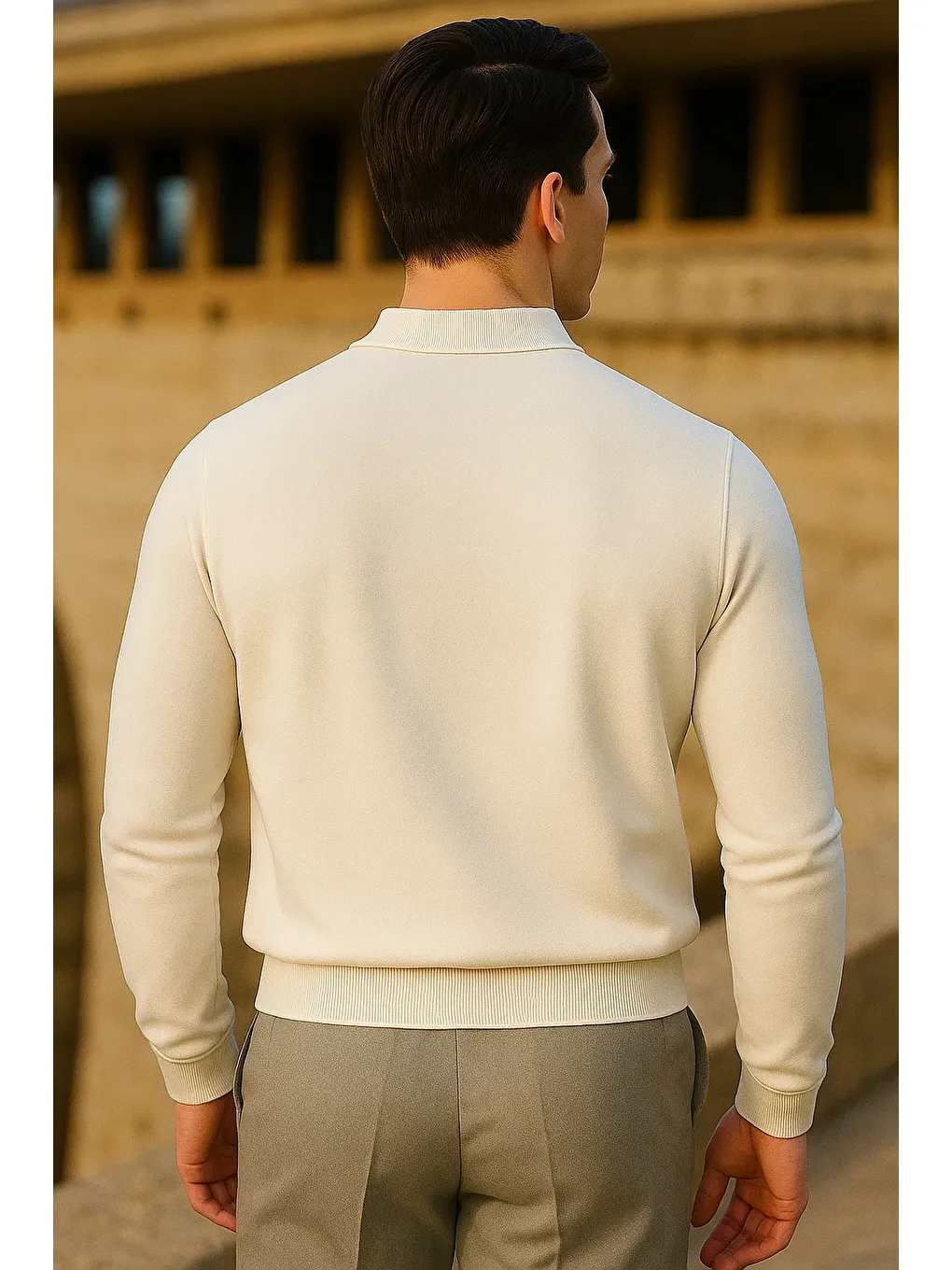 Ekru Erkek Çizgili Trend Uzun Kollu Krem Polo Yaka Kazak-5