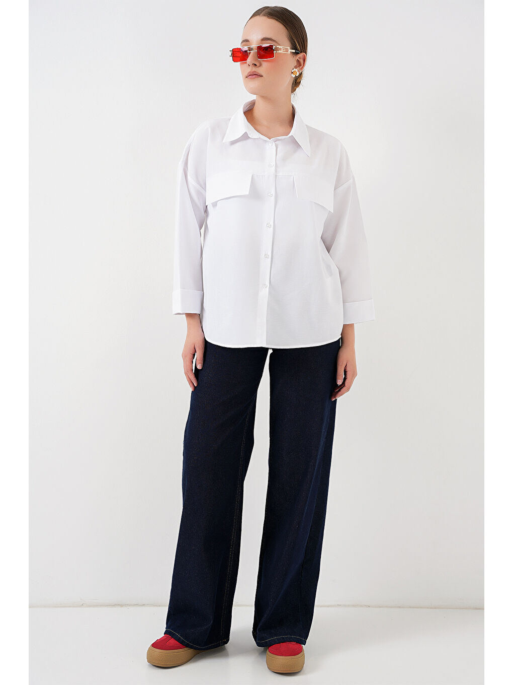 Kadın Cep Detaylı Oversize Gömlek 20313 - Beyaz-1