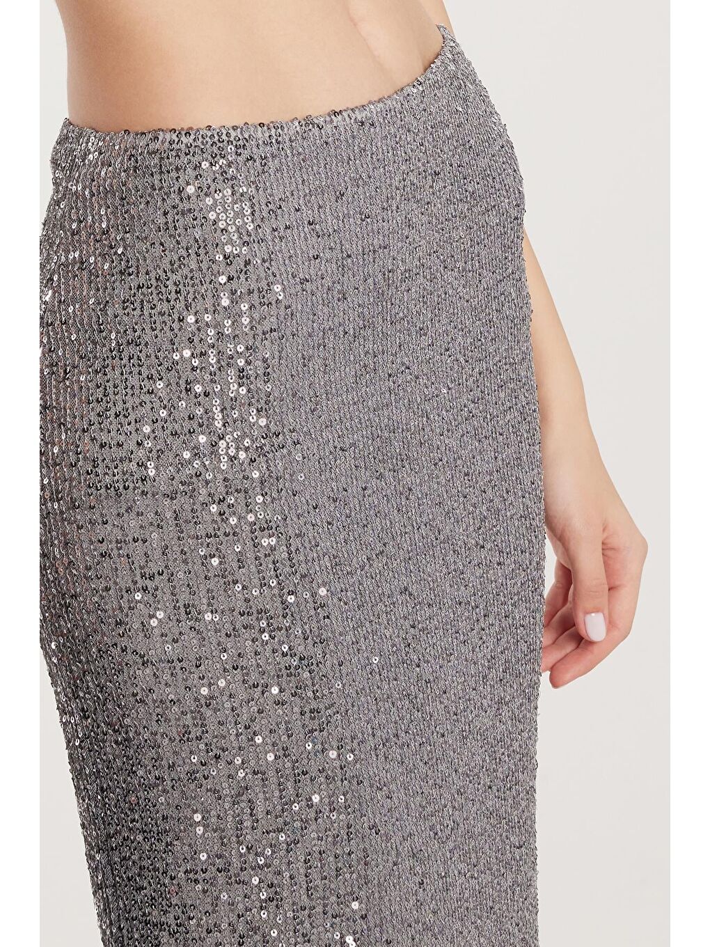Kadın Slim Fit Simli Uzun Düz Gri Etek-2