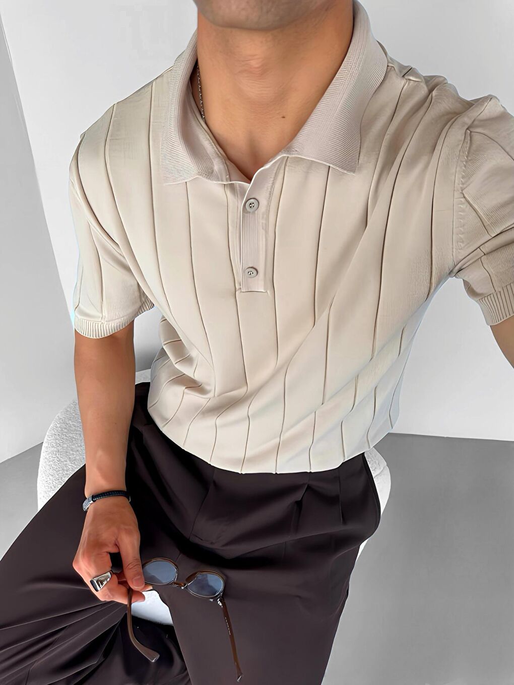 Erkek Slim Fit Polo Yaka Esneki Triko Tişört Bej-2