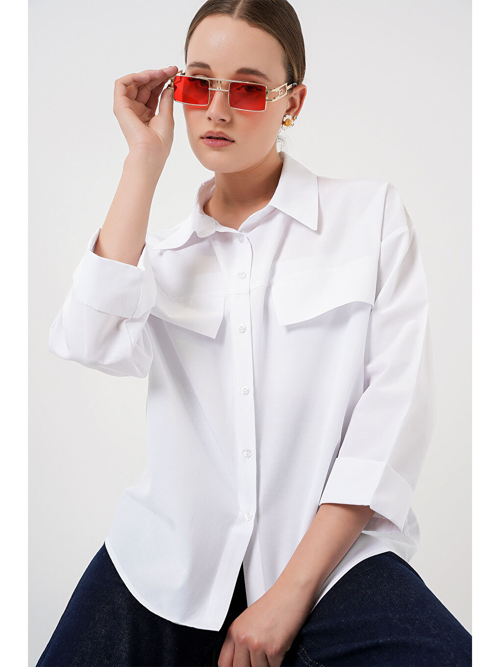 Kadın Cep Detaylı Oversize Gömlek 20313 - Beyaz-2